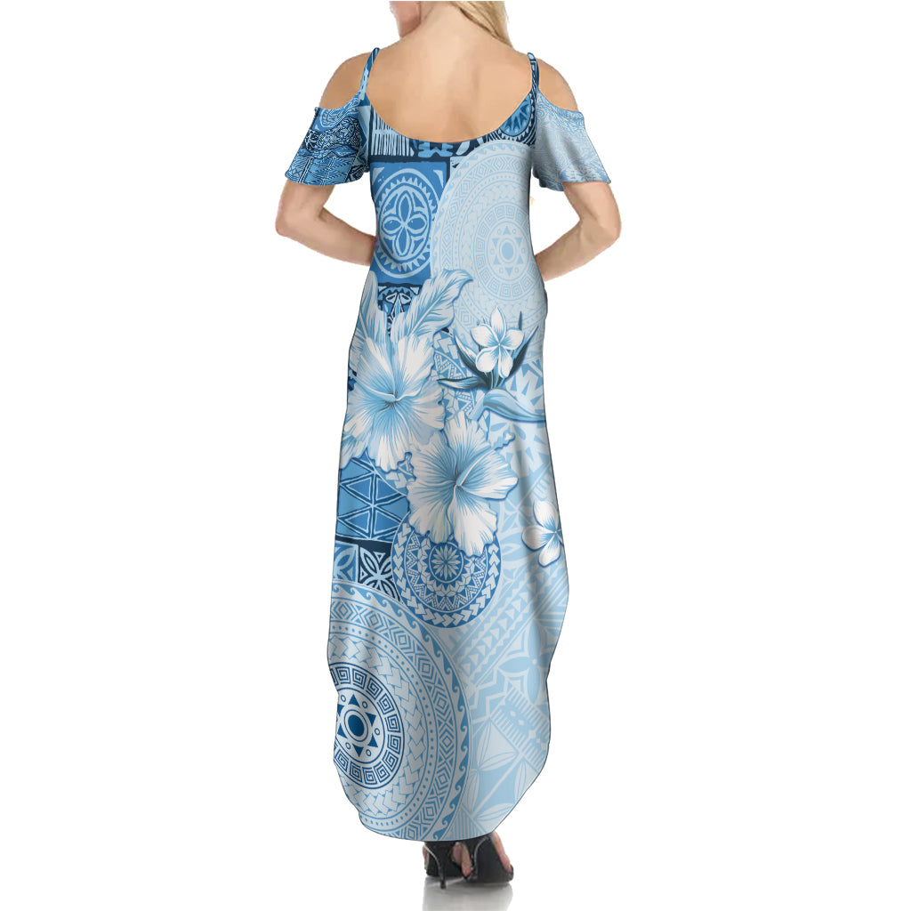 Hawaii Tapa Pattern With Blue Hibiscus Family Matching Summer Maxi Dress and Hawaiian Shirt LT05 - Polynesian Pride