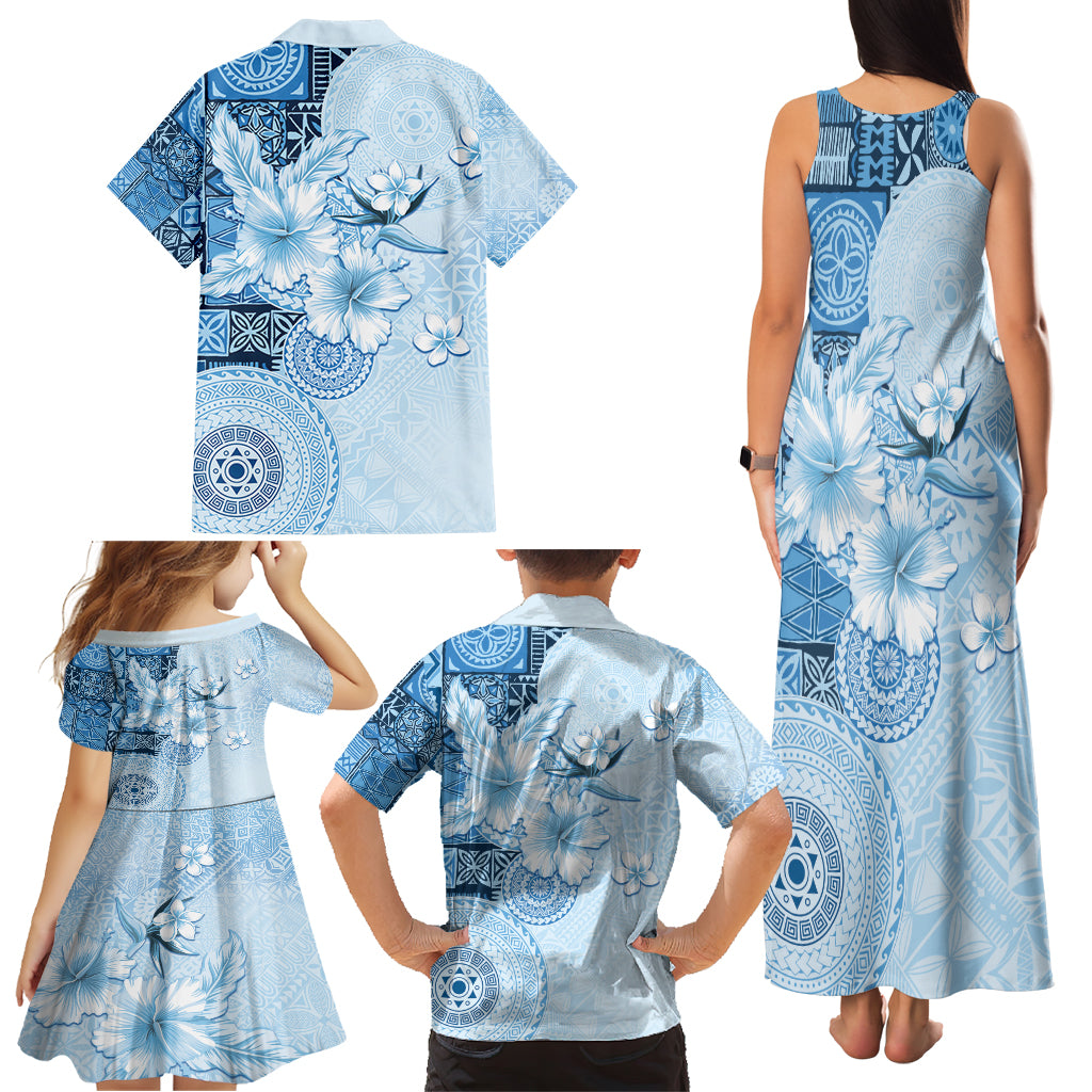 Hawaii Tapa Pattern With Blue Hibiscus Family Matching Tank Maxi Dress and Hawaiian Shirt