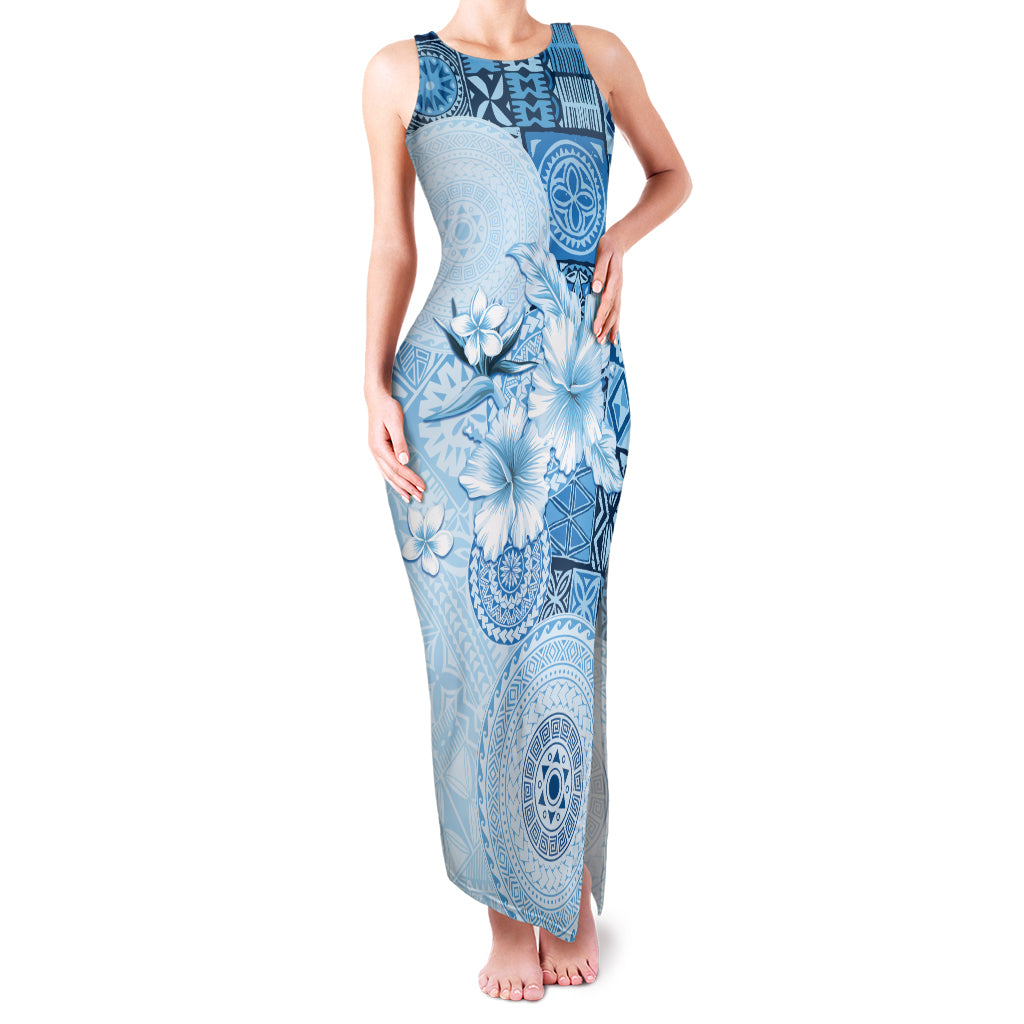 Hawaii Tapa Pattern With Blue Hibiscus Family Matching Tank Maxi Dress and Hawaiian Shirt