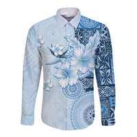Hawaii Tapa Pattern With Blue Hibiscus Long Sleeve Button Shirt LT05 Unisex Blue - Polynesian Pride