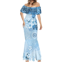 Hawaii Tapa Pattern With Blue Hibiscus Mermaid Dress LT05 - Polynesian Pride