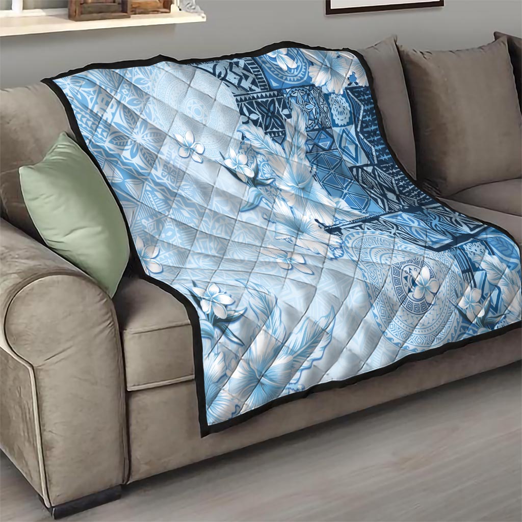 Hawaii Tapa Pattern With Blue Hibiscus Quilt