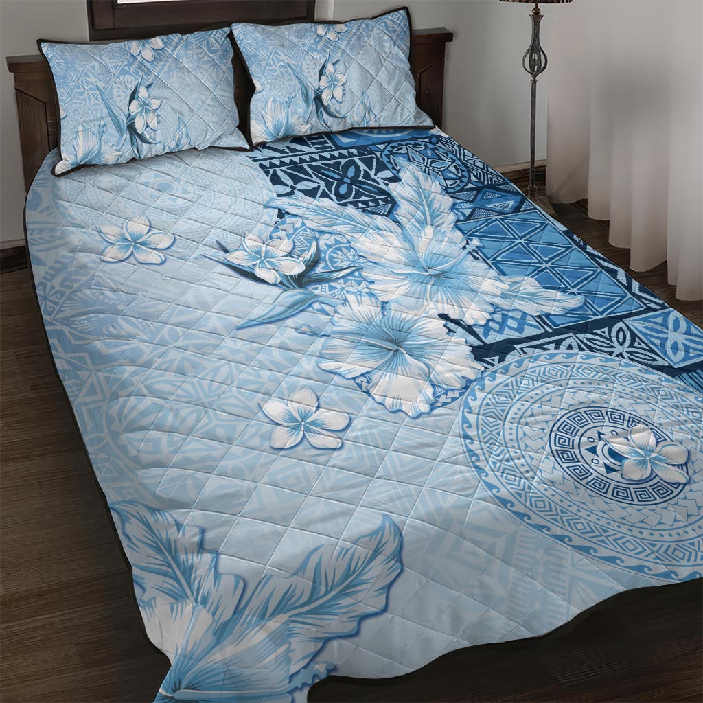 Hawaii Tapa Pattern With Blue Hibiscus Quilt Bed Set LT05 Blue - Polynesian Pride