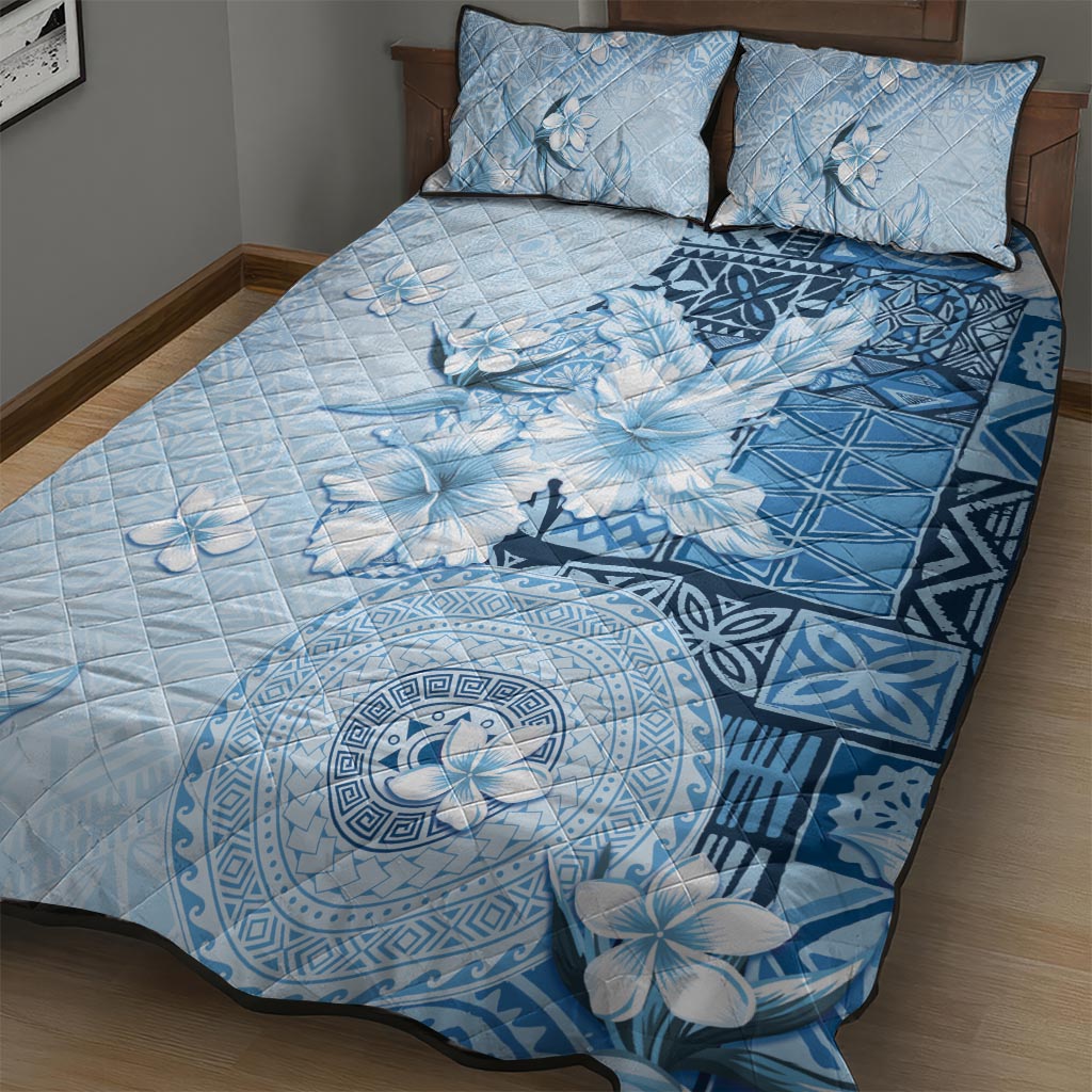 Hawaii Tapa Pattern With Blue Hibiscus Quilt Bed Set LT05 - Polynesian Pride