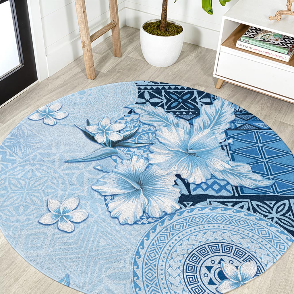 Hawaii Tapa Pattern With Blue Hibiscus Round Carpet LT05 Blue - Polynesian Pride