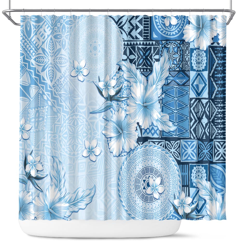 Hawaii Tapa Pattern With Blue Hibiscus Shower Curtain LT05 Blue - Polynesian Pride