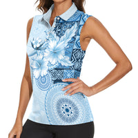 Hawaii Tapa Pattern With Blue Hibiscus Women Sleeveless Polo Shirt