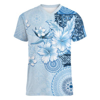 Hawaii Tapa Pattern With Blue Hibiscus Women V-Neck T-Shirt