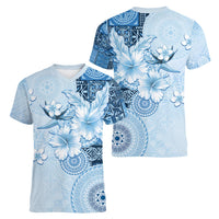 Hawaii Tapa Pattern With Blue Hibiscus Women V-Neck T-Shirt