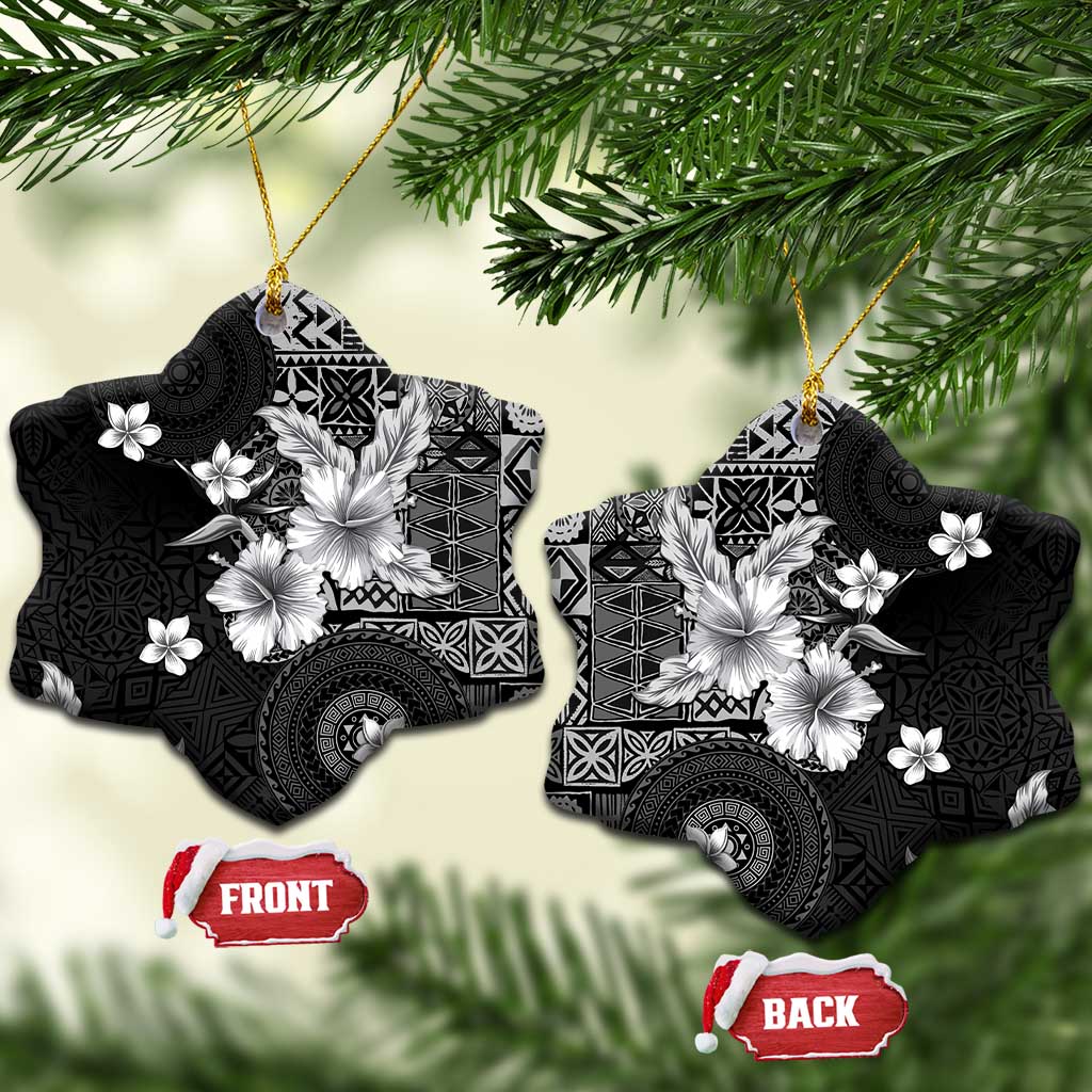 Hawaii Tapa Pattern With Black Hibiscus Ceramic Ornament