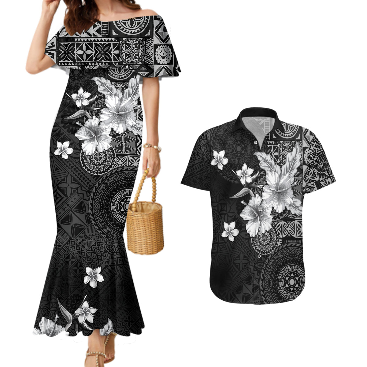 Hawaii Tapa Pattern With Black Hibiscus Couples Matching Mermaid Dress and Hawaiian Shirt LT05 Black - Polynesian Pride