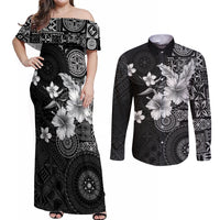 Hawaii Tapa Pattern With Black Hibiscus Couples Matching Off Shoulder Maxi Dress and Long Sleeve Button Shirt