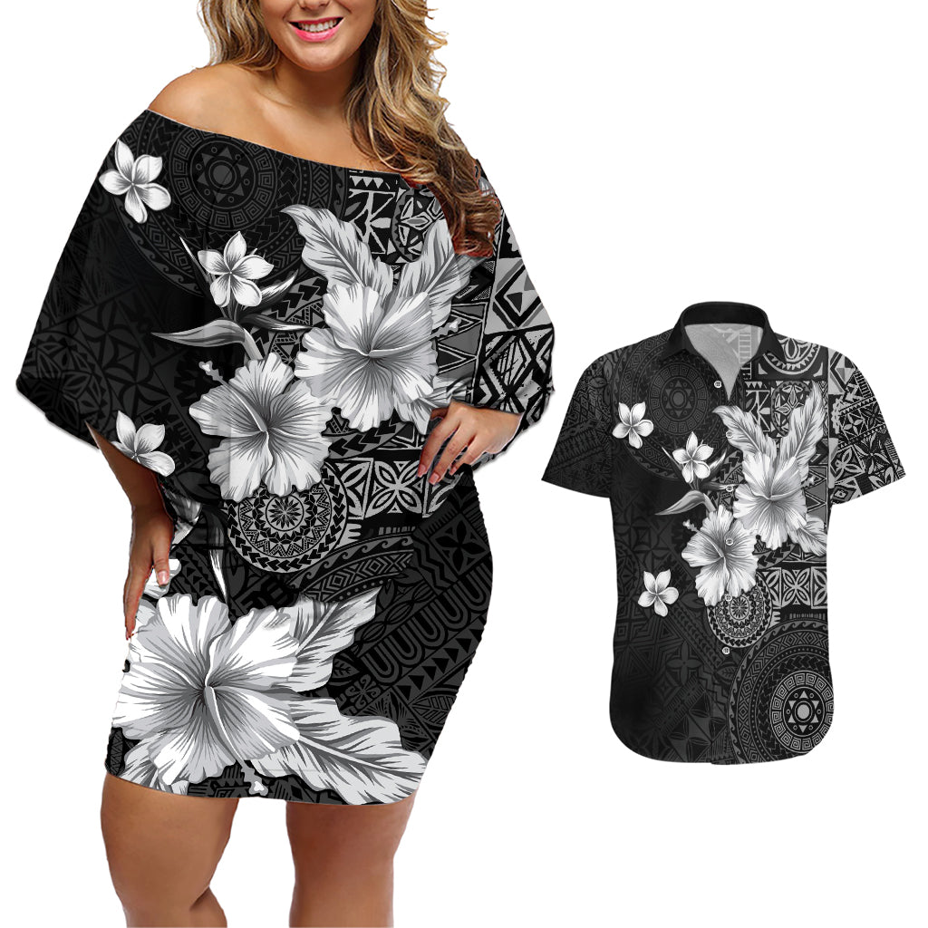 Hawaii Tapa Pattern With Black Hibiscus Couples Matching Off Shoulder Short Dress and Hawaiian Shirt LT05 Black - Polynesian Pride