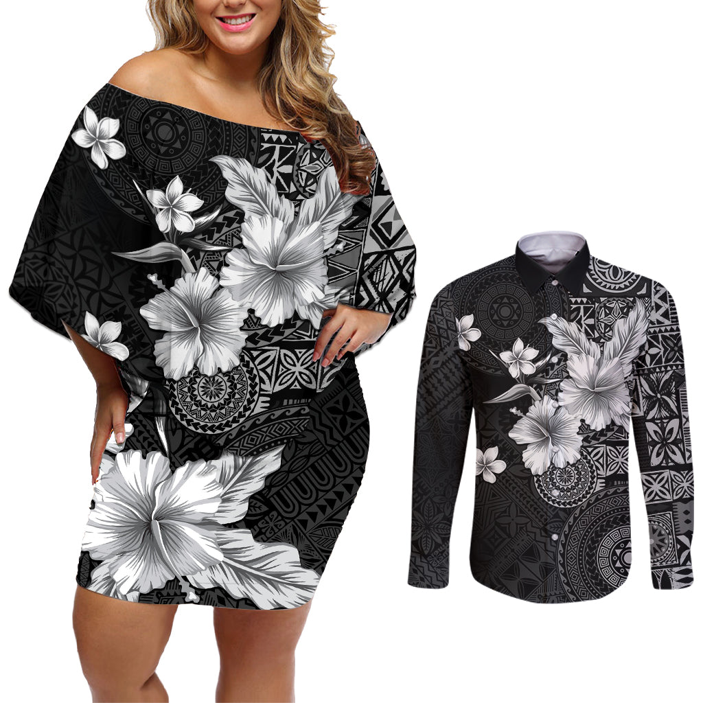 Hawaii Tapa Pattern With Black Hibiscus Couples Matching Off Shoulder Short Dress and Long Sleeve Button Shirt LT05 Black - Polynesian Pride