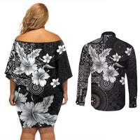 Hawaii Tapa Pattern With Black Hibiscus Couples Matching Off Shoulder Short Dress and Long Sleeve Button Shirt