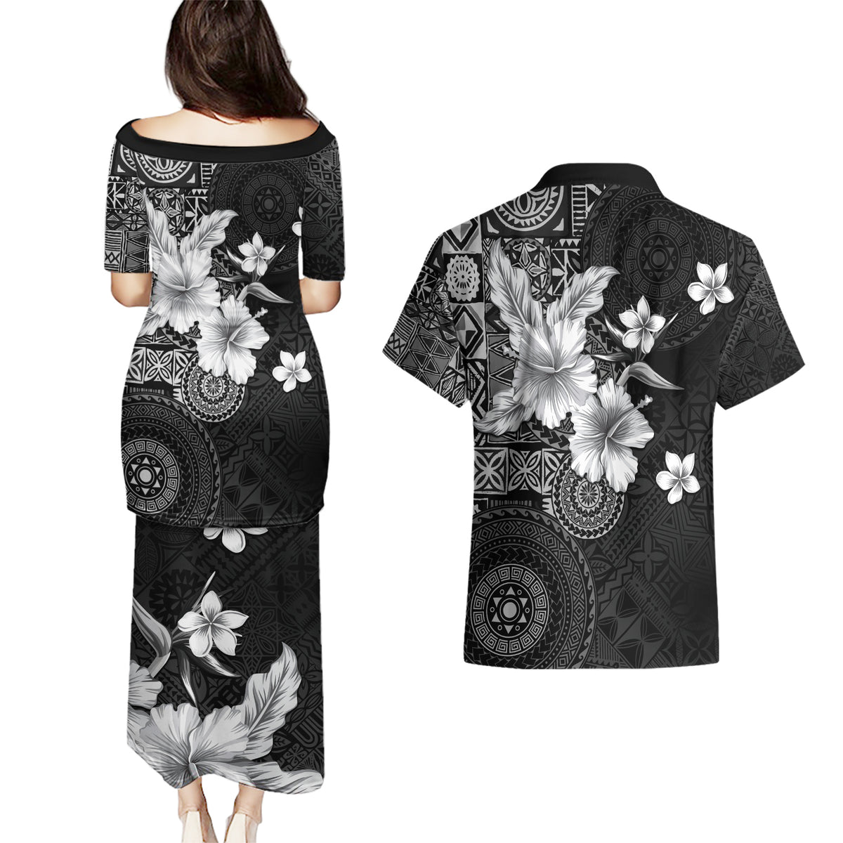 Hawaii Tapa Pattern With Black Hibiscus Couples Matching Puletasi and Hawaiian Shirt