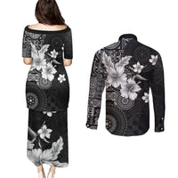 Hawaii Tapa Pattern With Black Hibiscus Couples Matching Puletasi and Long Sleeve Button Shirt