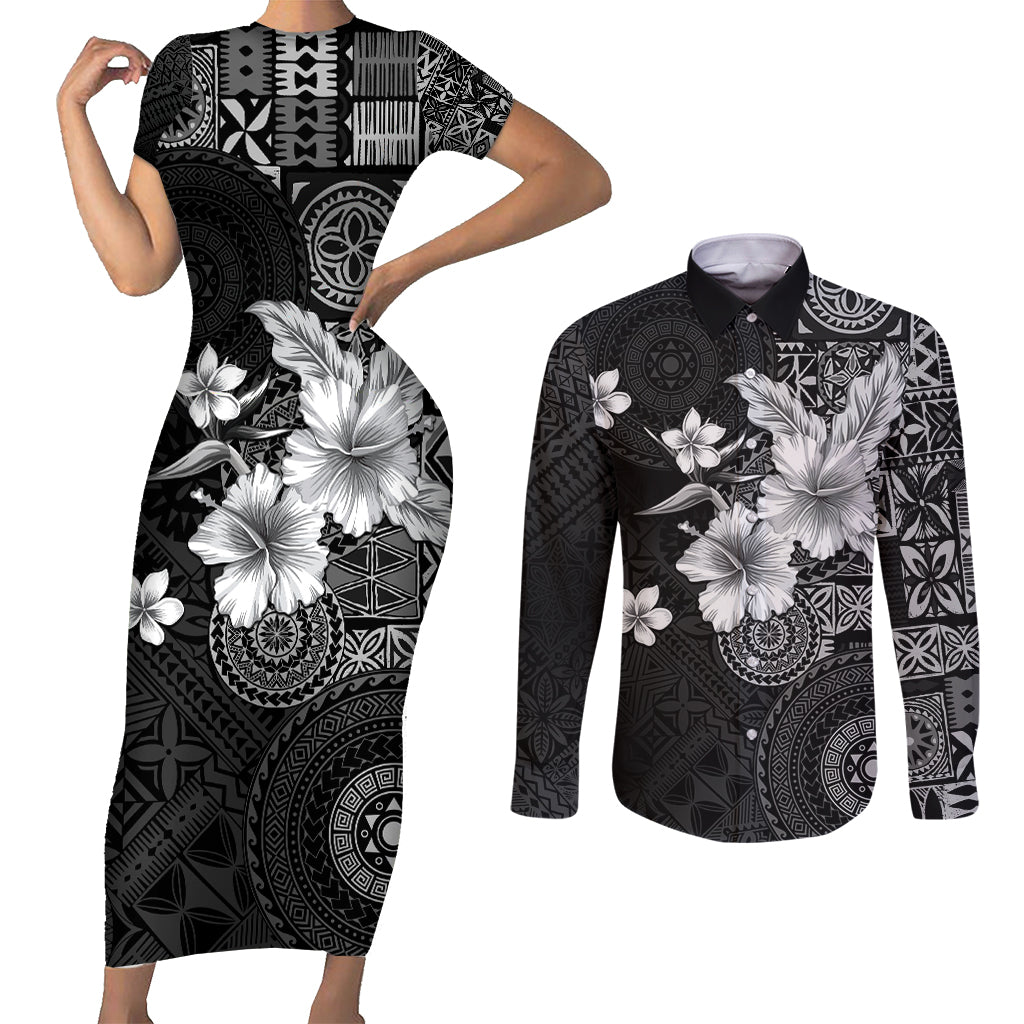 Hawaii Tapa Pattern With Black Hibiscus Couples Matching Short Sleeve Bodycon Dress and Long Sleeve Button Shirt LT05 Black - Polynesian Pride