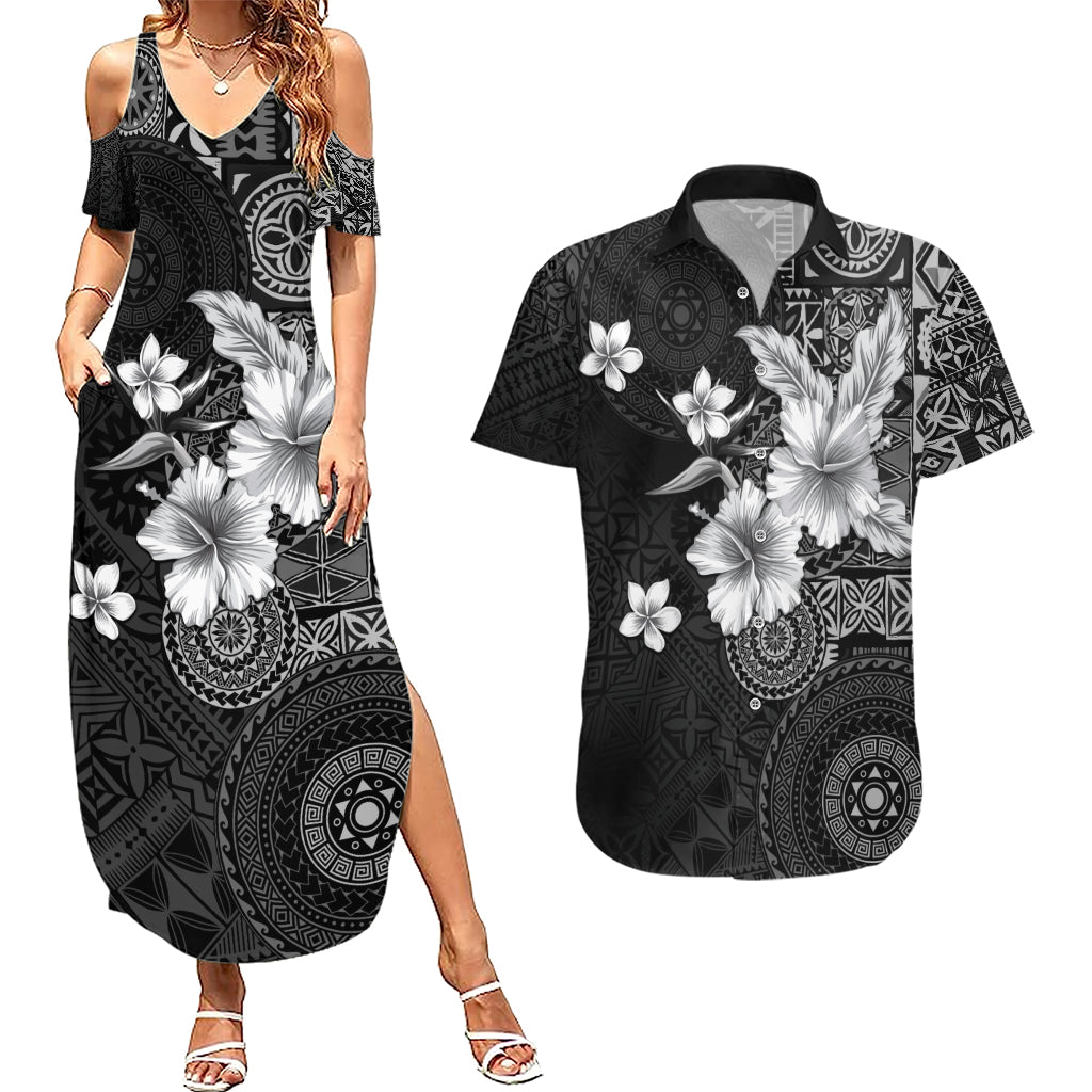 Hawaii Tapa Pattern With Black Hibiscus Couples Matching Summer Maxi Dress and Hawaiian Shirt LT05 Black - Polynesian Pride
