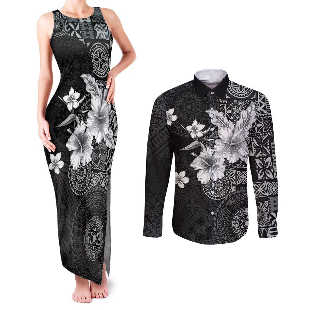 Hawaii Tapa Pattern With Black Hibiscus Couples Matching Tank Maxi Dress and Long Sleeve Button Shirt LT05 Black - Polynesian Pride