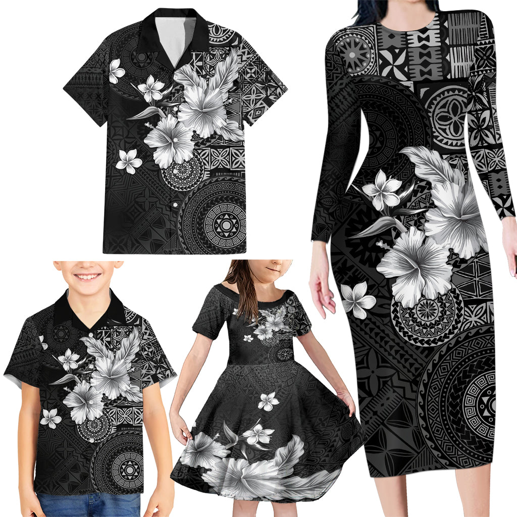 Hawaii Tapa Pattern With Black Hibiscus Family Matching Long Sleeve Bodycon Dress and Hawaiian Shirt LT05 - Polynesian Pride