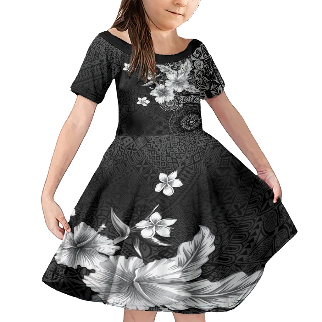 Hawaii Tapa Pattern With Black Hibiscus Family Matching Mermaid Dress and Hawaiian Shirt