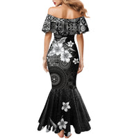 Hawaii Tapa Pattern With Black Hibiscus Family Matching Mermaid Dress and Hawaiian Shirt