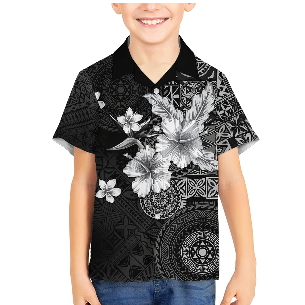 Hawaii Tapa Pattern With Black Hibiscus Family Matching Mermaid Dress and Hawaiian Shirt