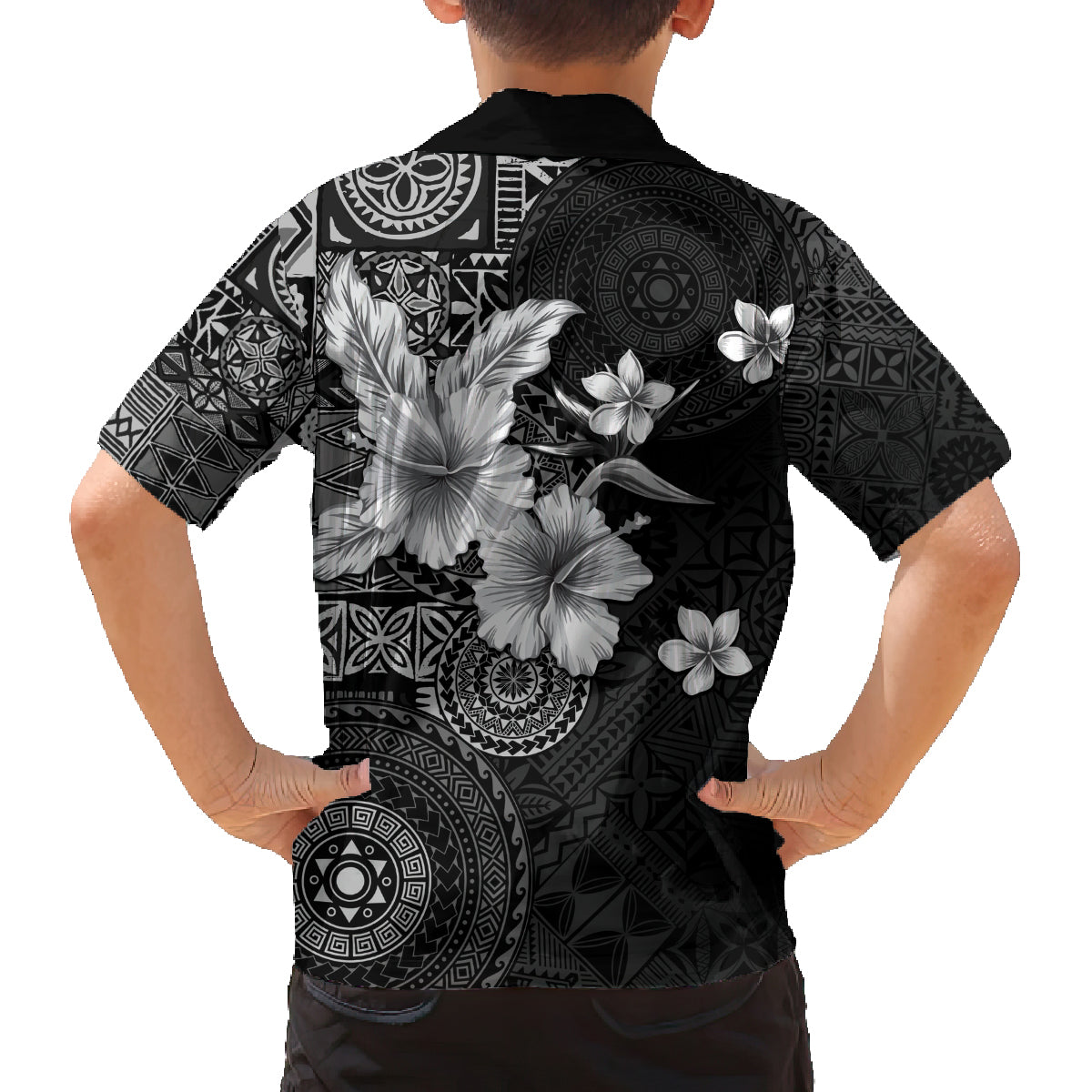 Hawaii Tapa Pattern With Black Hibiscus Family Matching Off The Shoulder Long Sleeve Dress and Hawaiian Shirt LT05 - Polynesian Pride