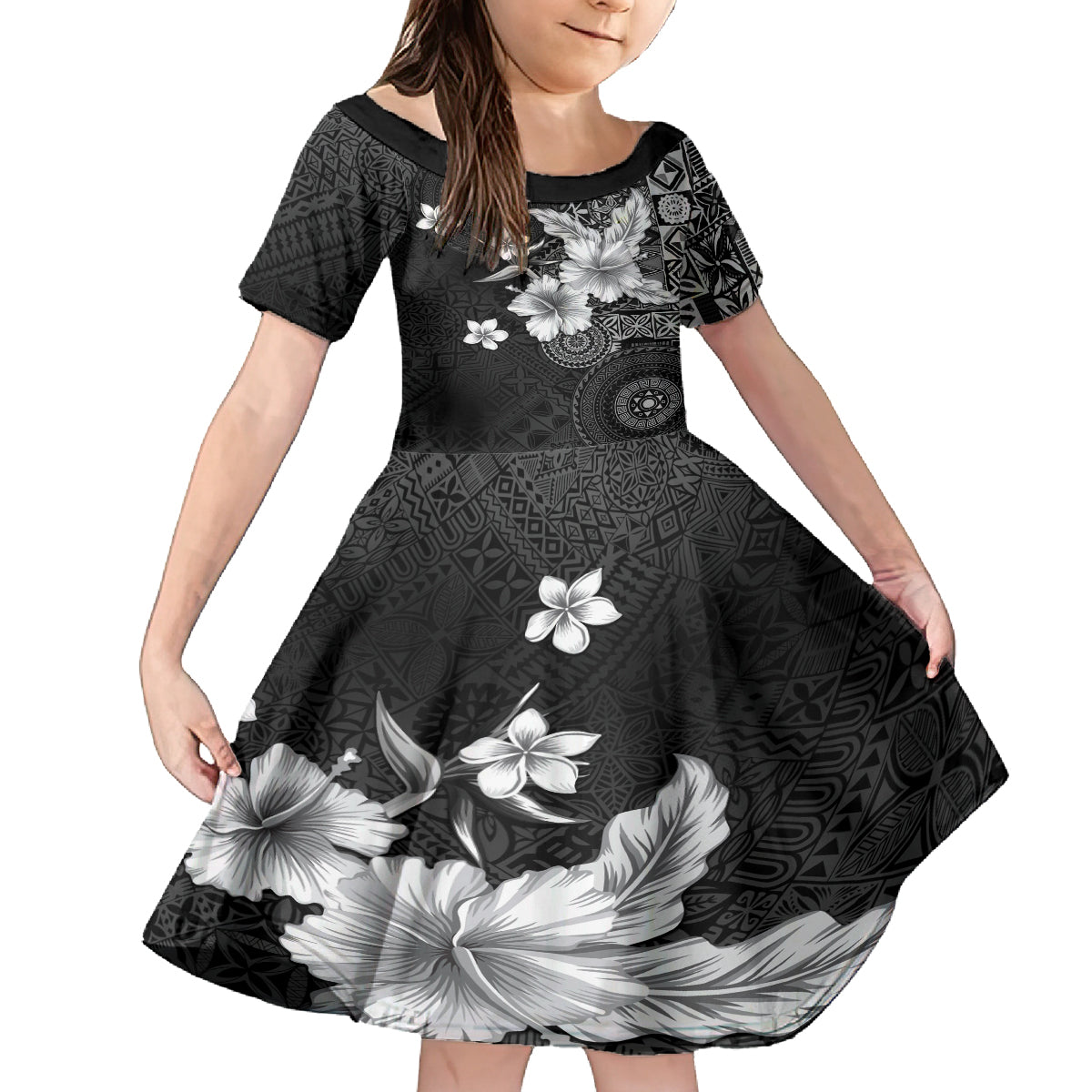 Hawaii Tapa Pattern With Black Hibiscus Family Matching Off The Shoulder Long Sleeve Dress and Hawaiian Shirt LT05 Daughter's Dress Black - Polynesian Pride