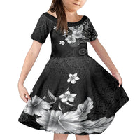 Hawaii Tapa Pattern With Black Hibiscus Family Matching Off The Shoulder Long Sleeve Dress and Hawaiian Shirt LT05 Daughter's Dress Black - Polynesian Pride