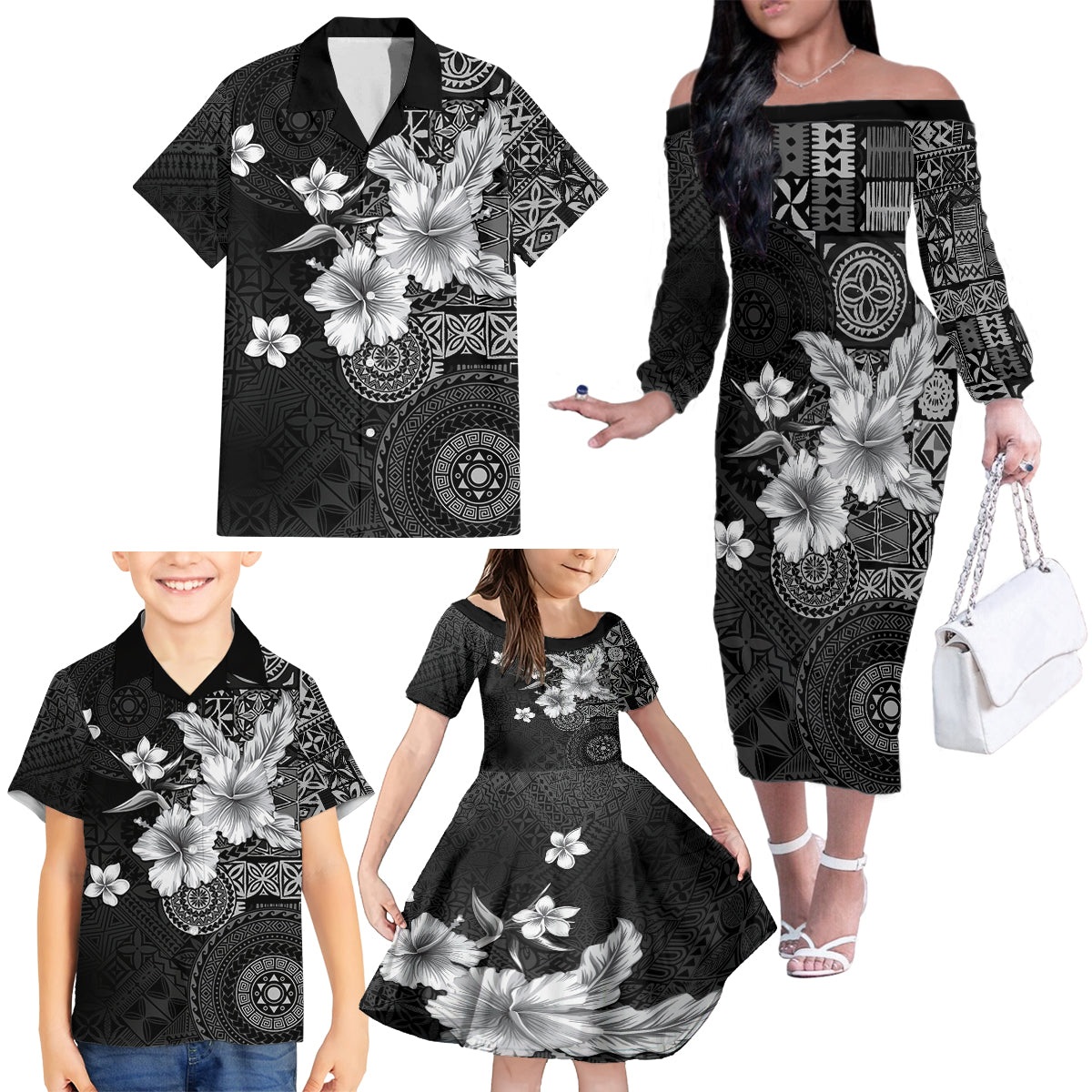 Hawaii Tapa Pattern With Black Hibiscus Family Matching Off The Shoulder Long Sleeve Dress and Hawaiian Shirt LT05 - Polynesian Pride