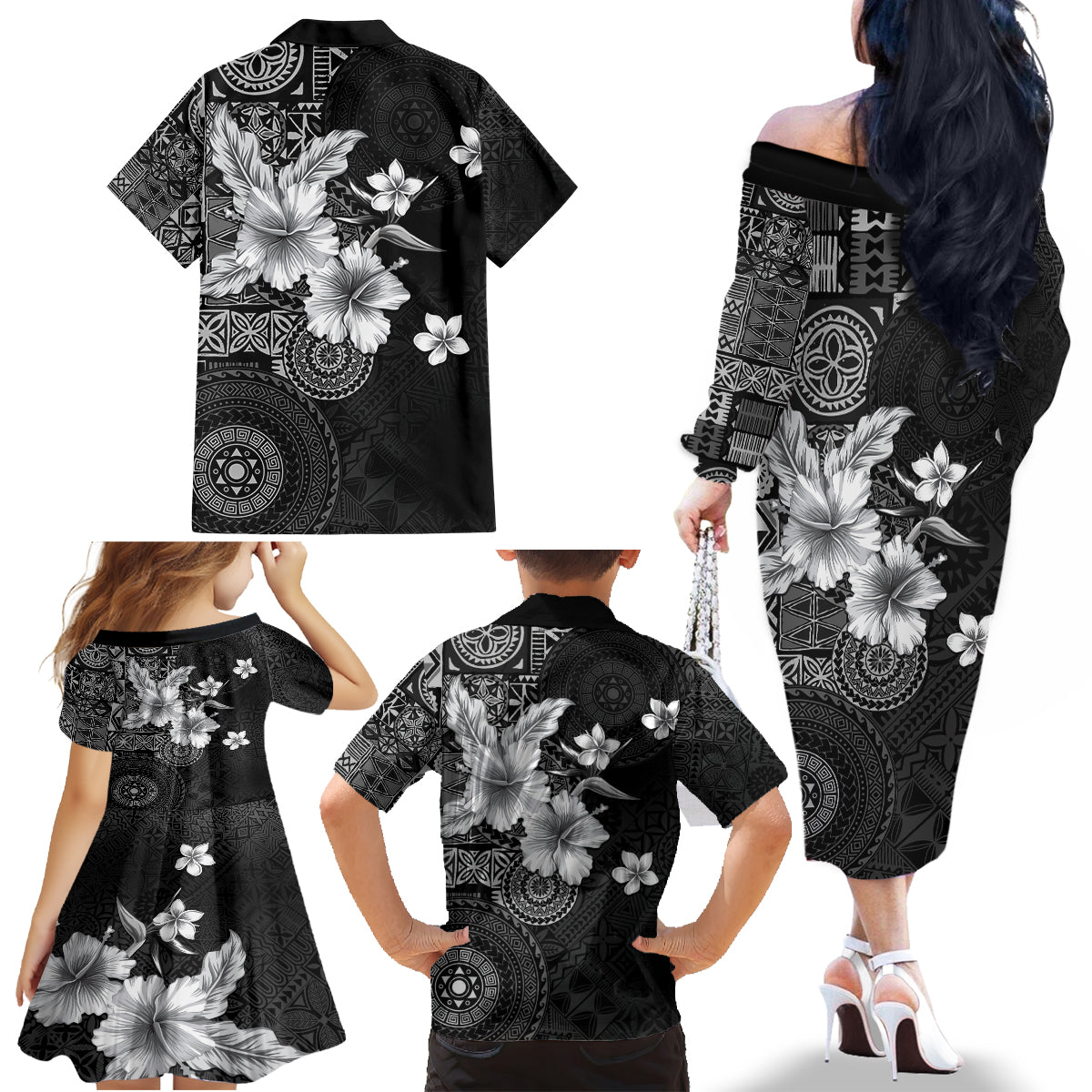 Hawaii Tapa Pattern With Black Hibiscus Family Matching Off The Shoulder Long Sleeve Dress and Hawaiian Shirt LT05 - Polynesian Pride