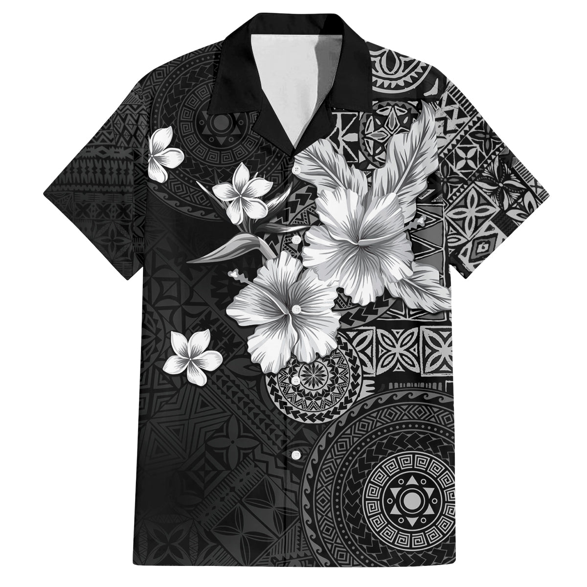 Hawaii Tapa Pattern With Black Hibiscus Family Matching Off The Shoulder Long Sleeve Dress and Hawaiian Shirt LT05 Dad's Shirt - Short Sleeve Black - Polynesian Pride