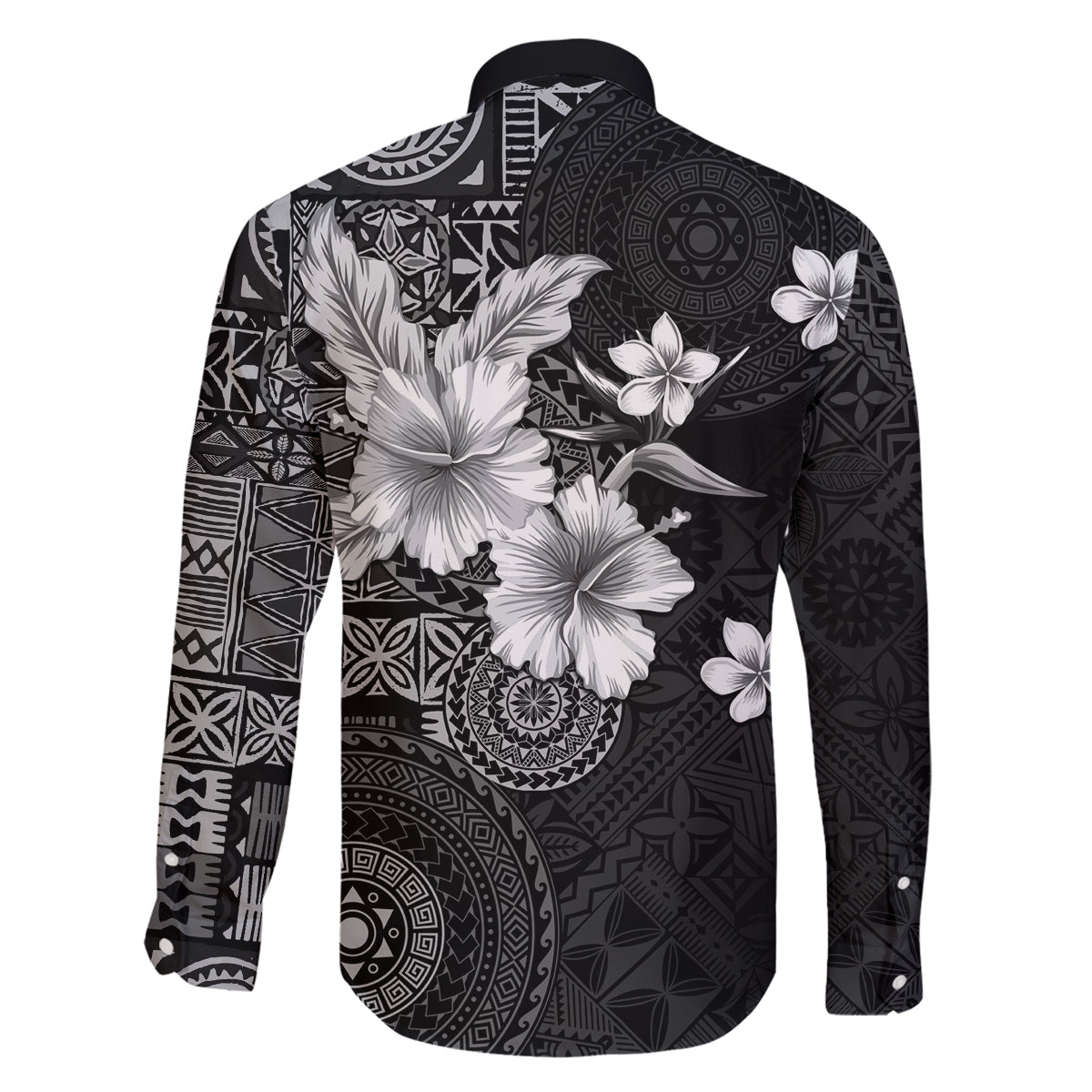 Hawaii Tapa Pattern With Black Hibiscus Family Matching Off The Shoulder Long Sleeve Dress and Hawaiian Shirt LT05 - Polynesian Pride