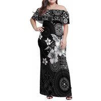 Hawaii Tapa Pattern With Black Hibiscus Family Matching Off Shoulder Maxi Dress and Hawaiian Shirt