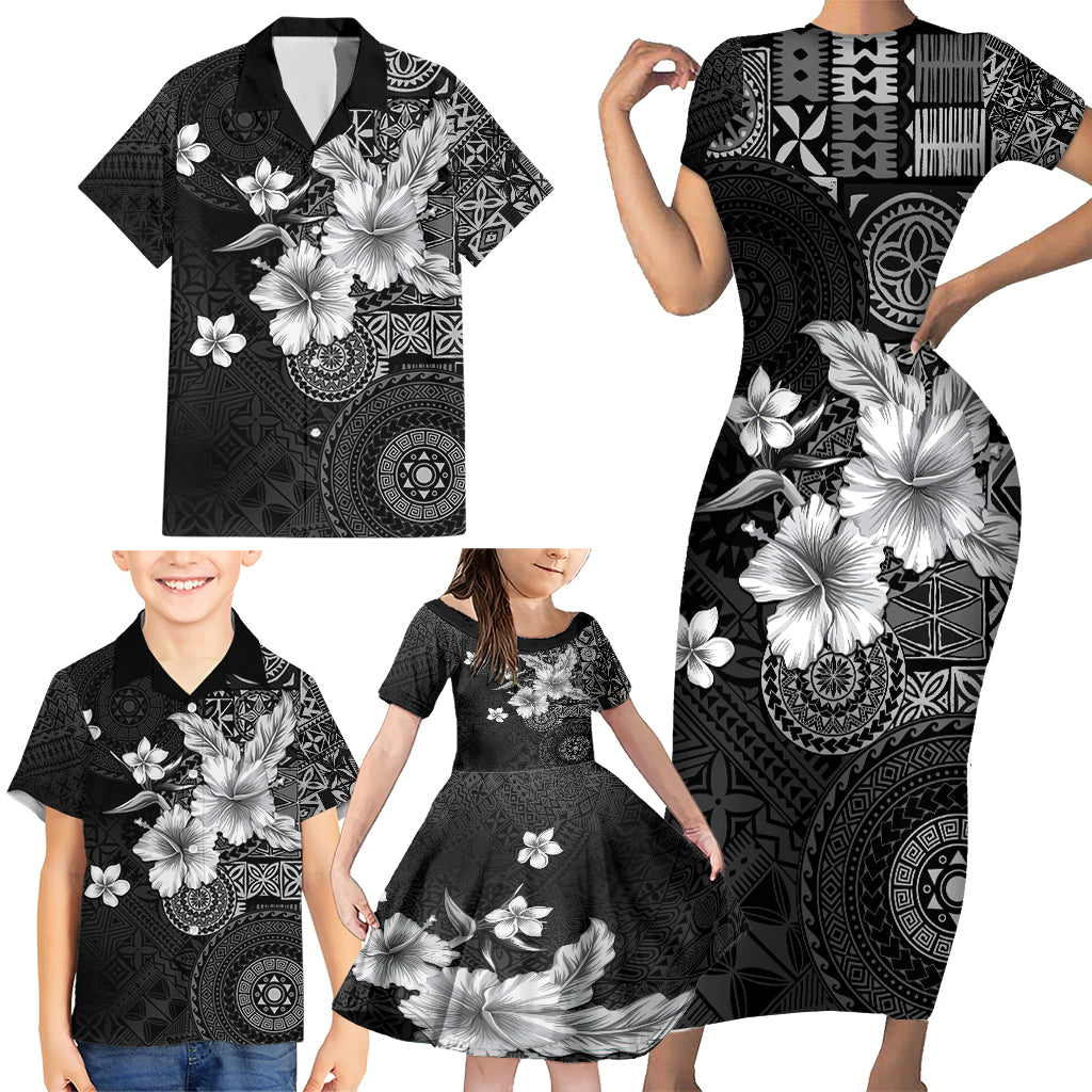 Hawaii Tapa Pattern With Black Hibiscus Family Matching Short Sleeve Bodycon Dress and Hawaiian Shirt LT05 - Polynesian Pride