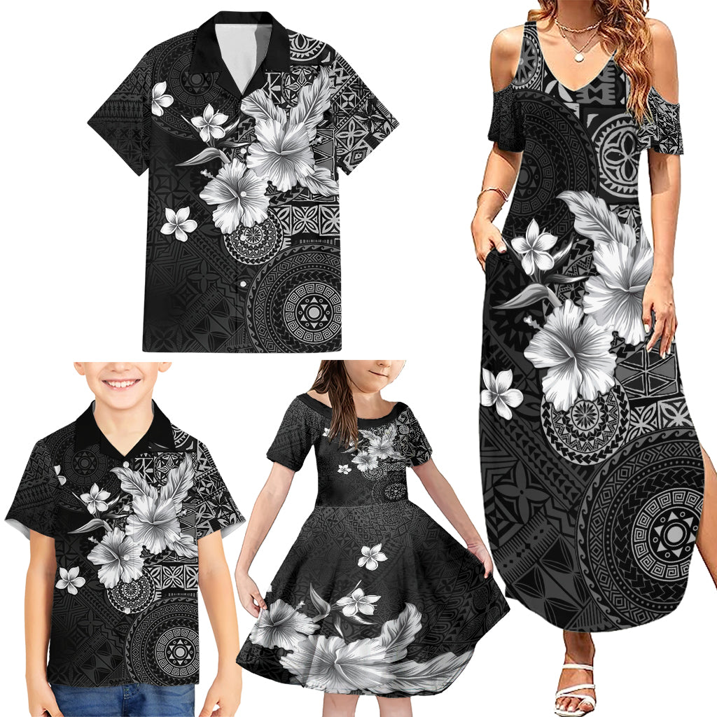 Hawaii Tapa Pattern With Black Hibiscus Family Matching Summer Maxi Dress and Hawaiian Shirt LT05 - Polynesian Pride
