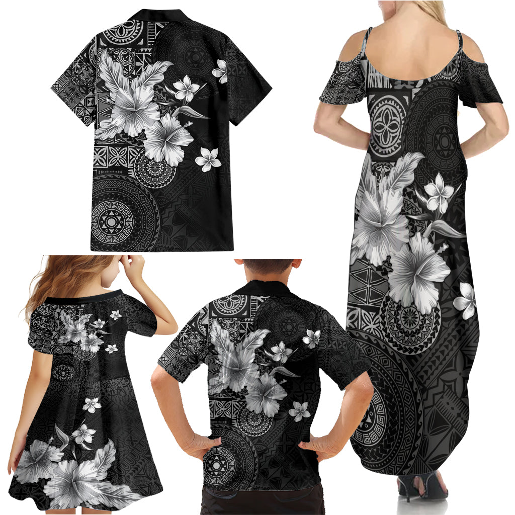 Hawaii Tapa Pattern With Black Hibiscus Family Matching Summer Maxi Dress and Hawaiian Shirt LT05 - Polynesian Pride