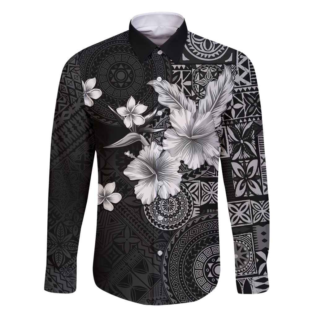 Hawaii Tapa Pattern With Black Hibiscus Family Matching Summer Maxi Dress and Hawaiian Shirt LT05 Dad's Shirt - Long Sleeve Black - Polynesian Pride