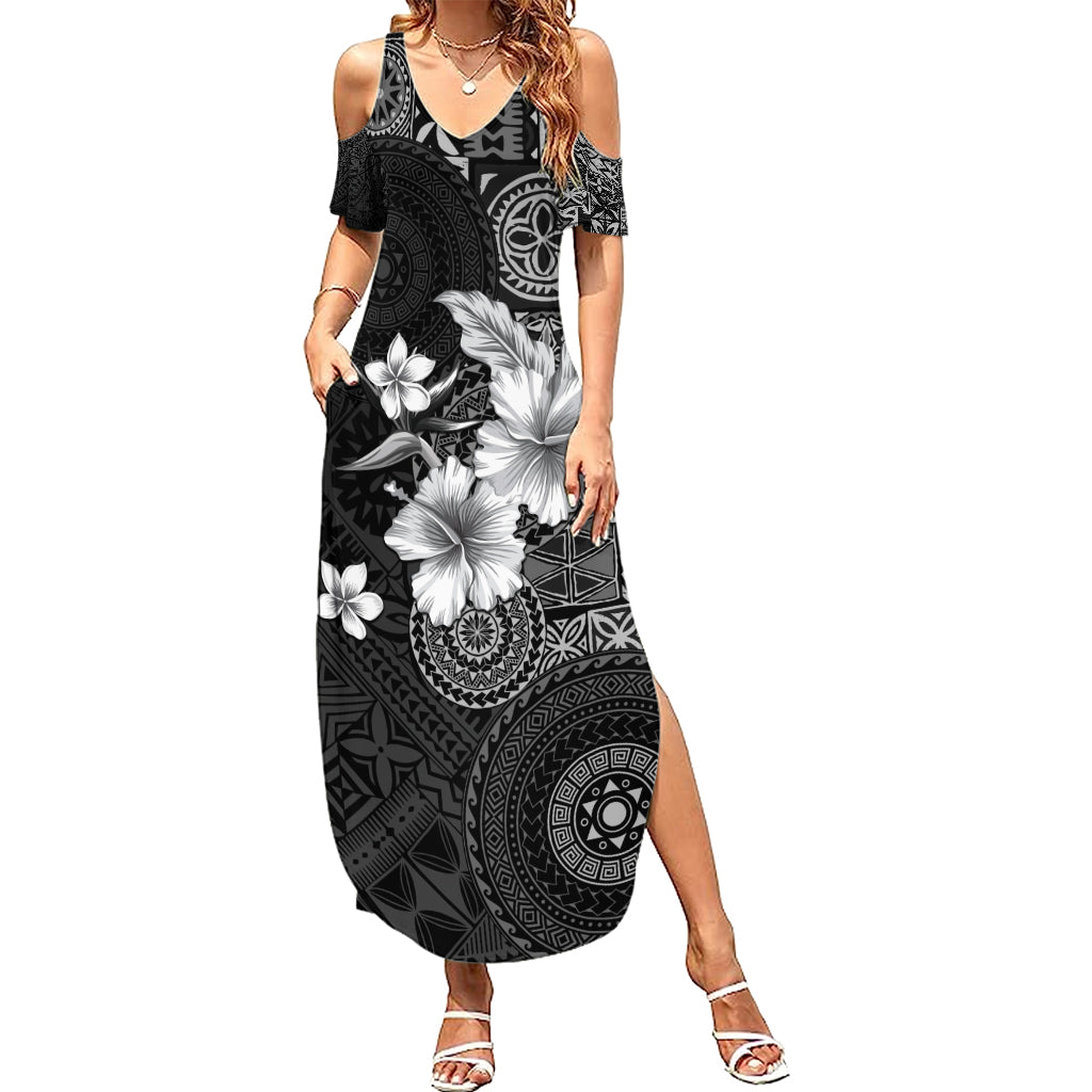 Hawaii Tapa Pattern With Black Hibiscus Family Matching Summer Maxi Dress and Hawaiian Shirt LT05 Mom's Dress Black - Polynesian Pride