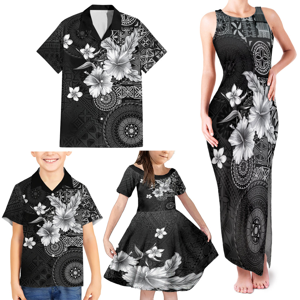 Hawaii Tapa Pattern With Black Hibiscus Family Matching Tank Maxi Dress and Hawaiian Shirt LT05 - Polynesian Pride