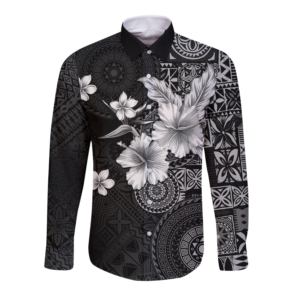Hawaii Tapa Pattern With Black Hibiscus Long Sleeve Button Shirt LT05 Unisex Black - Polynesian Pride