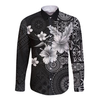 Hawaii Tapa Pattern With Black Hibiscus Long Sleeve Button Shirt LT05 Unisex Black - Polynesian Pride