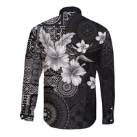 Hawaii Tapa Pattern With Black Hibiscus Long Sleeve Button Shirt LT05 - Polynesian Pride