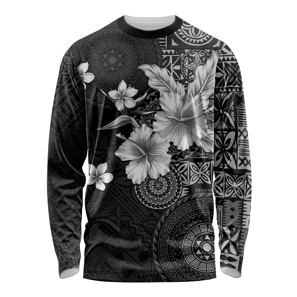Hawaii Tapa Pattern With Black Hibiscus Long Sleeve Shirt LT05 Unisex Black - Polynesian Pride