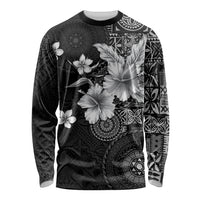 Hawaii Tapa Pattern With Black Hibiscus Long Sleeve Shirt LT05 Unisex Black - Polynesian Pride