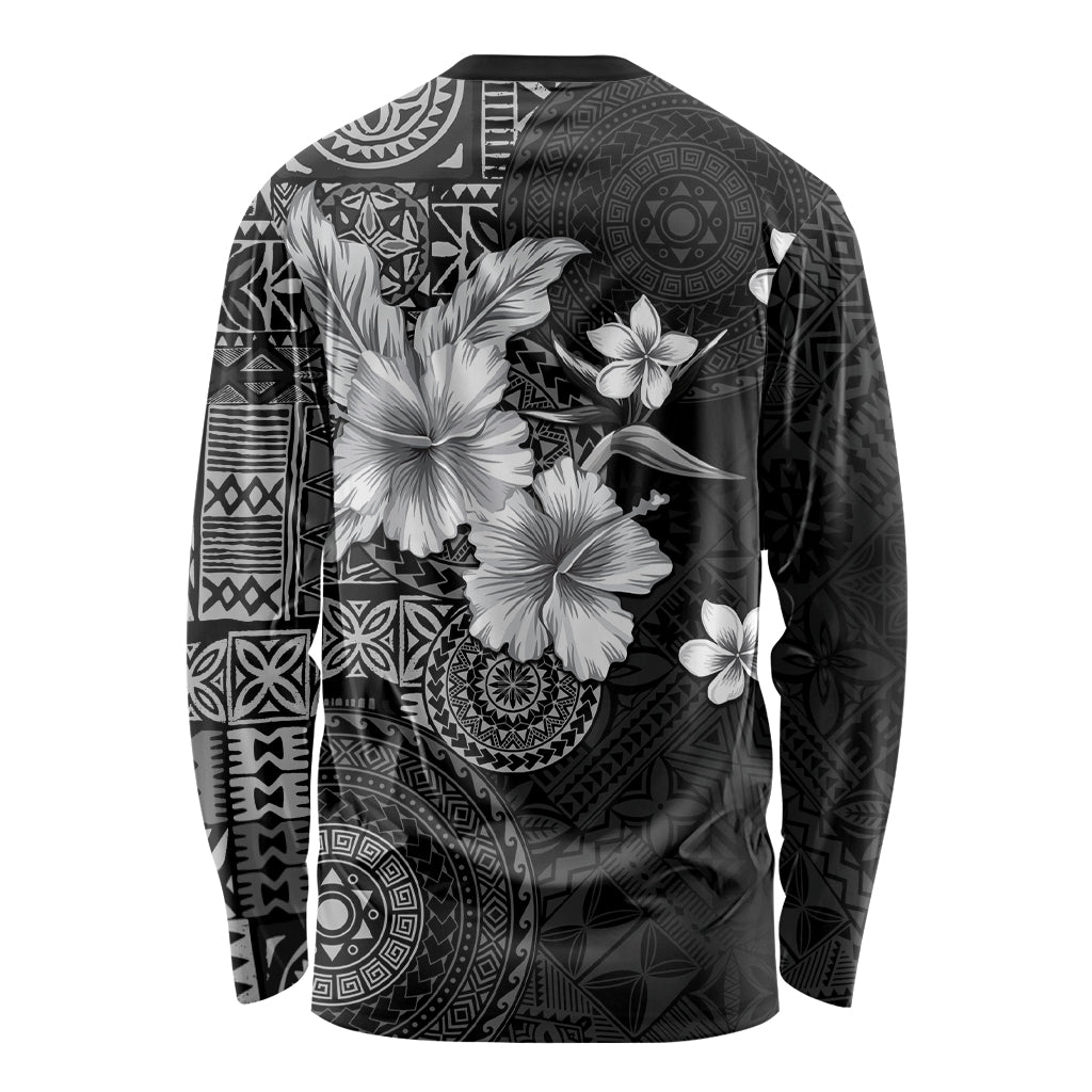 Hawaii Tapa Pattern With Black Hibiscus Long Sleeve Shirt LT05 - Polynesian Pride