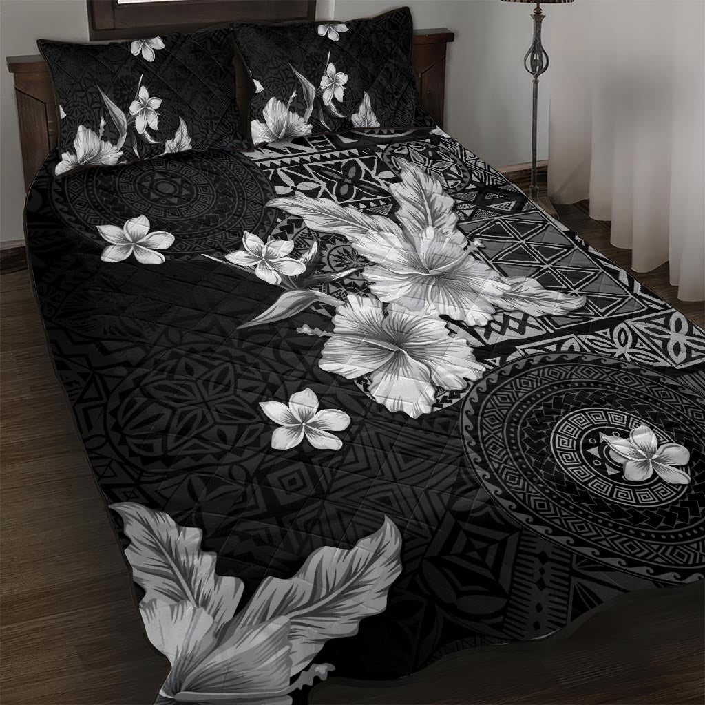 Hawaii Tapa Pattern With Black Hibiscus Quilt Bed Set LT05 Black - Polynesian Pride