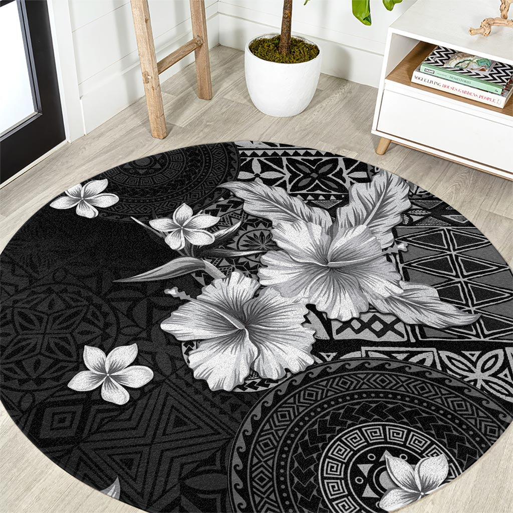 Hawaii Tapa Pattern With Black Hibiscus Round Carpet LT05 Black - Polynesian Pride